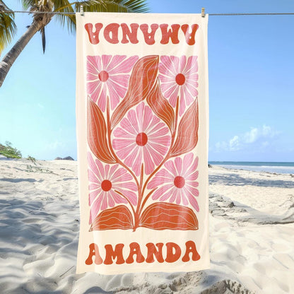 Floral Personalized Beach Towel, Custom Name Towel for Women