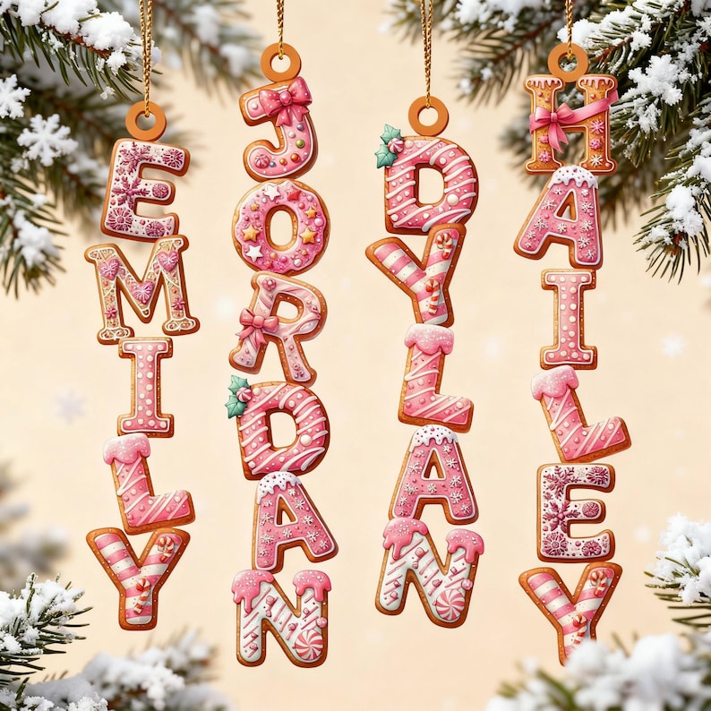 Pink Christmas Gingerbread Alphabet Ornament, Christmas Tag for Stockings