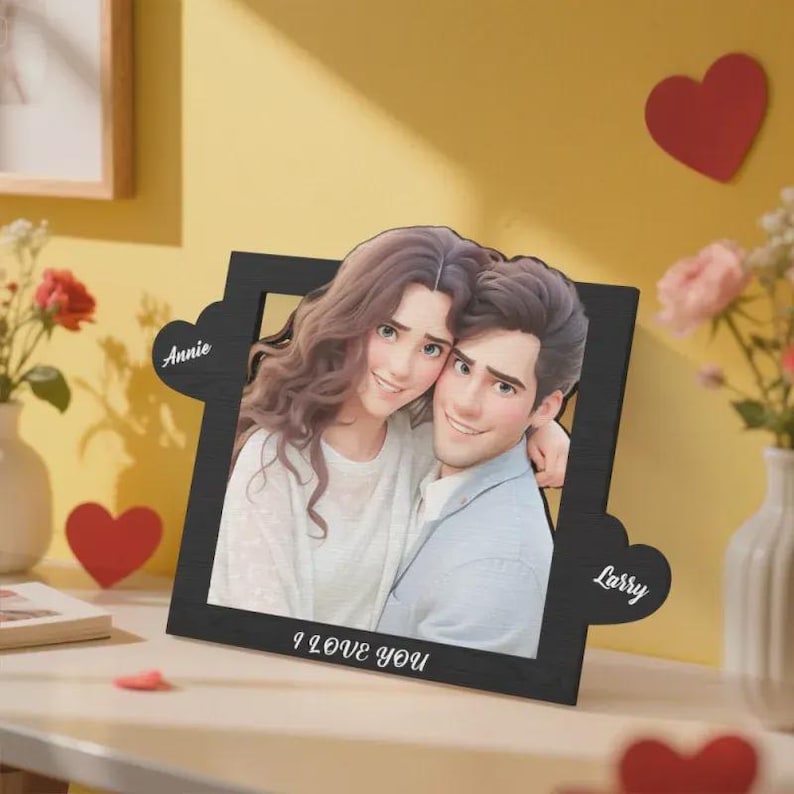 Engraved Cartoon Photo Frame: Personalized Pixar-Style Family Gift