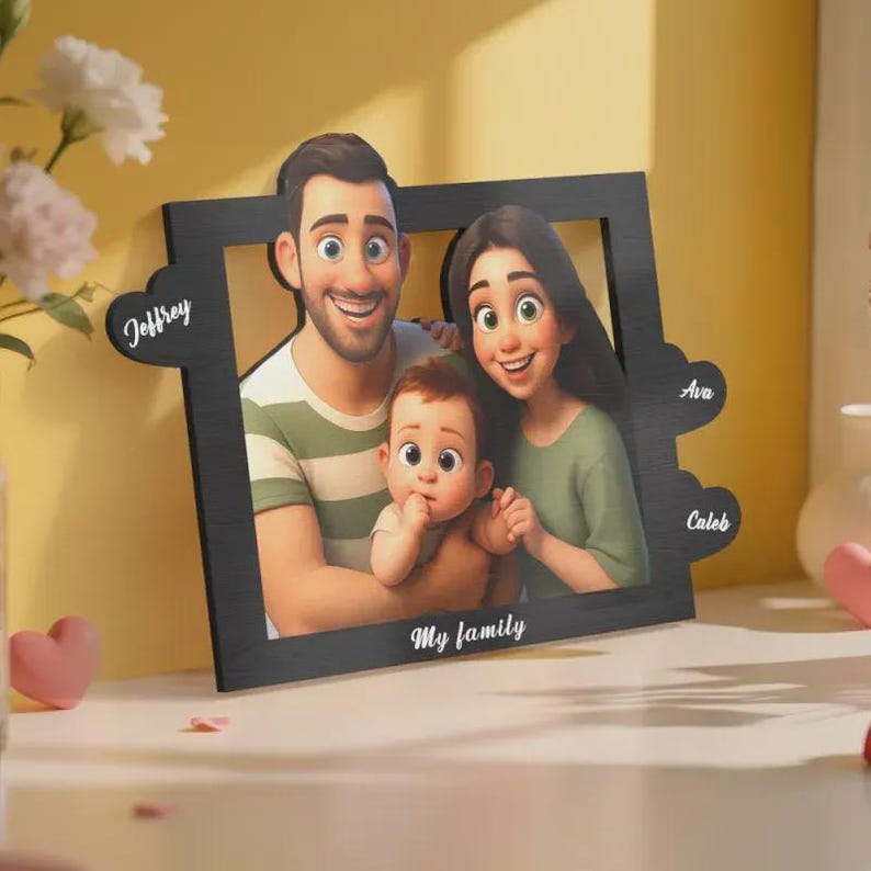 Engraved Cartoon Photo Frame: Personalized Pixar-Style Family Gift