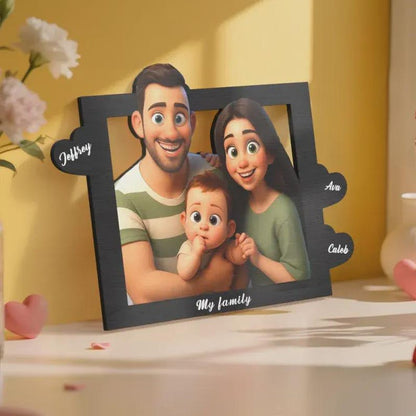 Engraved Cartoon Photo Frame: Personalized Pixar-Style Family Gift