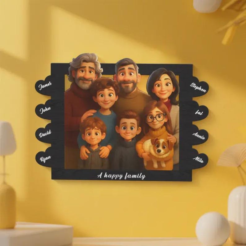 Engraved Cartoon Photo Frame: Personalized Pixar-Style Family Gift