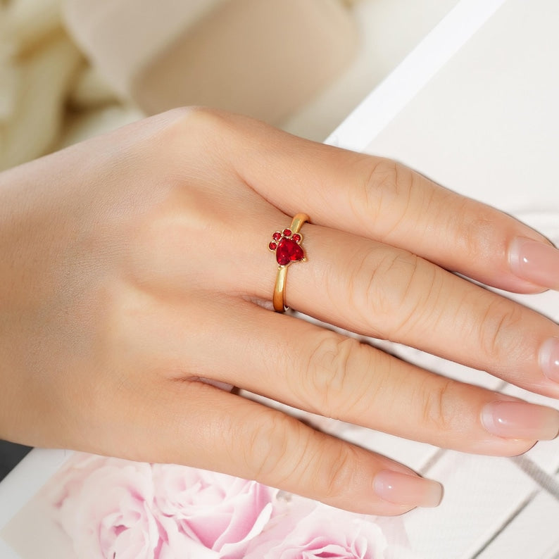 Personalized Cat Paw Birthstone Ring: Sterling Silver Pet Memorial