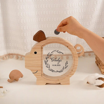 Custom Kid Name Piggy Bank, Custom Wooden Pig Coin Bank, Baptism Gift