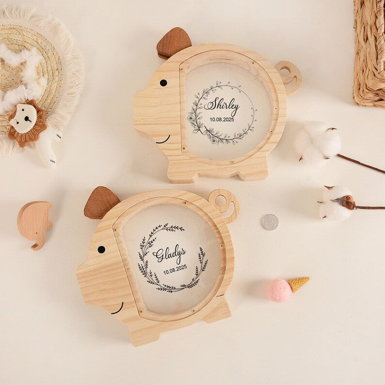 Custom Kid Name Piggy Bank, Custom Wooden Pig Coin Bank, Baptism Gift