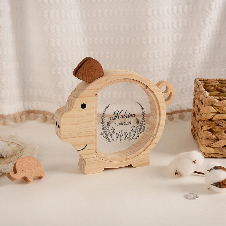 Custom Kid Name Piggy Bank, Custom Wooden Pig Coin Bank, Baptism Gift