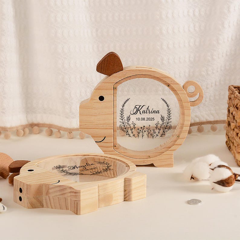 Custom Kid Name Piggy Bank, Custom Wooden Pig Coin Bank, Baptism Gift