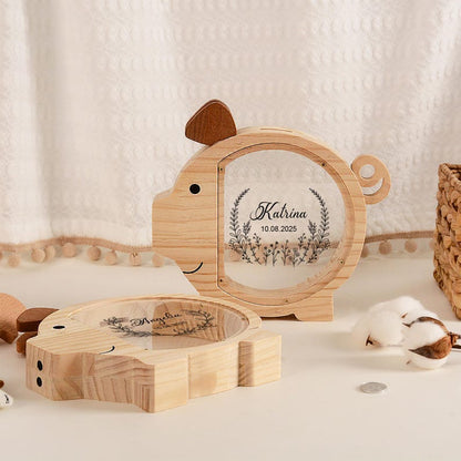 Custom Kid Name Piggy Bank, Custom Wooden Pig Coin Bank, Baptism Gift