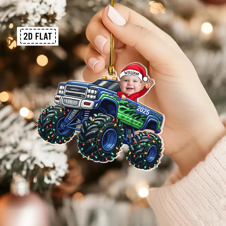 Personalized Baby Monster Truck Photo Flat Acrylic Ornament