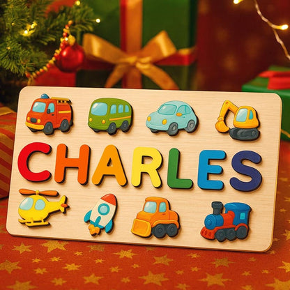 Custom Wooden Name Puzzle – Vehicles Theme | Personalized Baby Gift