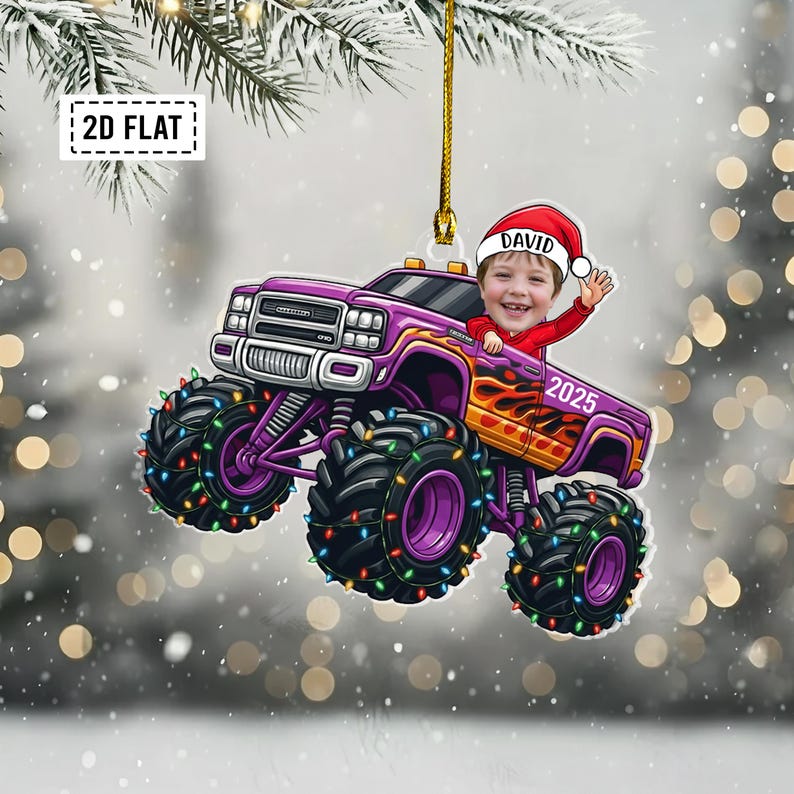 Personalized Baby Monster Truck Photo Flat Acrylic Ornament