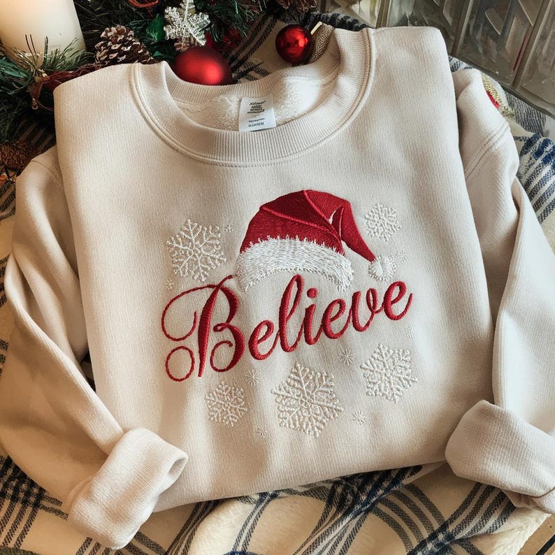 Embroidered Believe Christmas Sweatshirt, Holiday Party Shirt