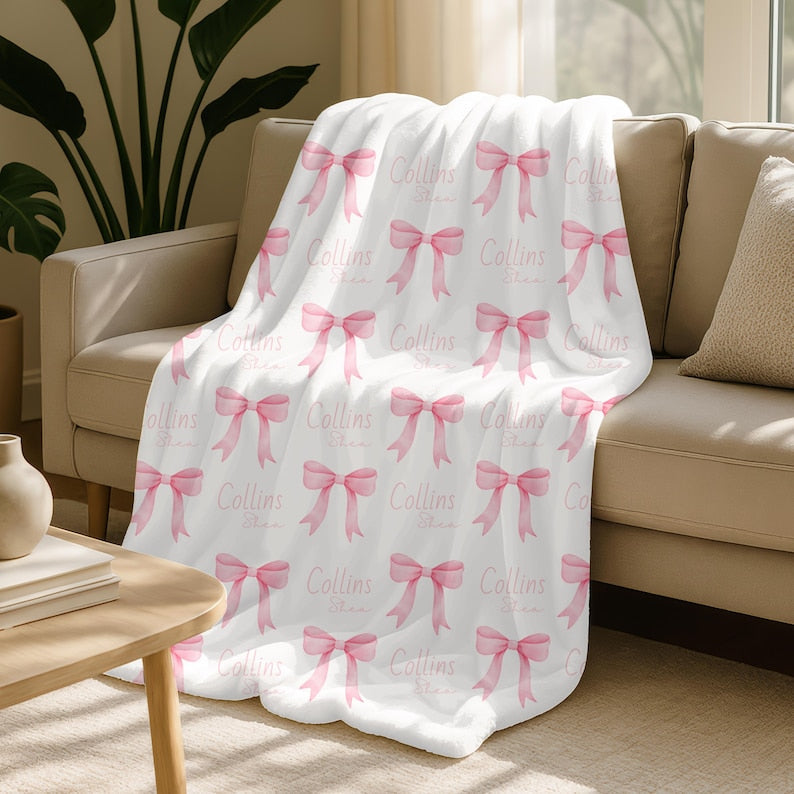 Personalized Pink Bow Blanket,Custom Baby Shower Gift