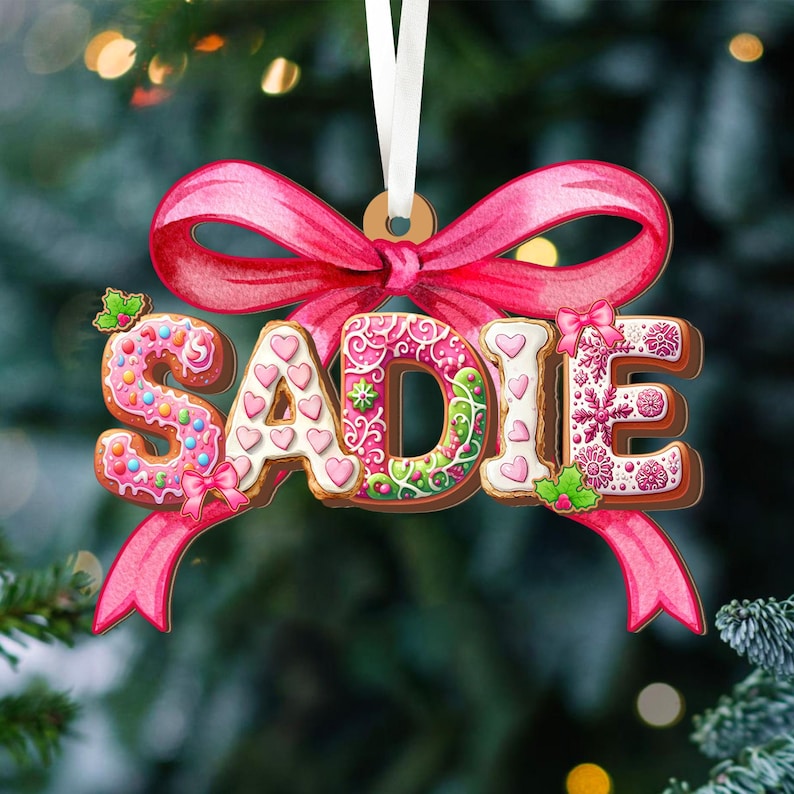 Coquette Pink Christmas Gingerbread Alphabet Ornament