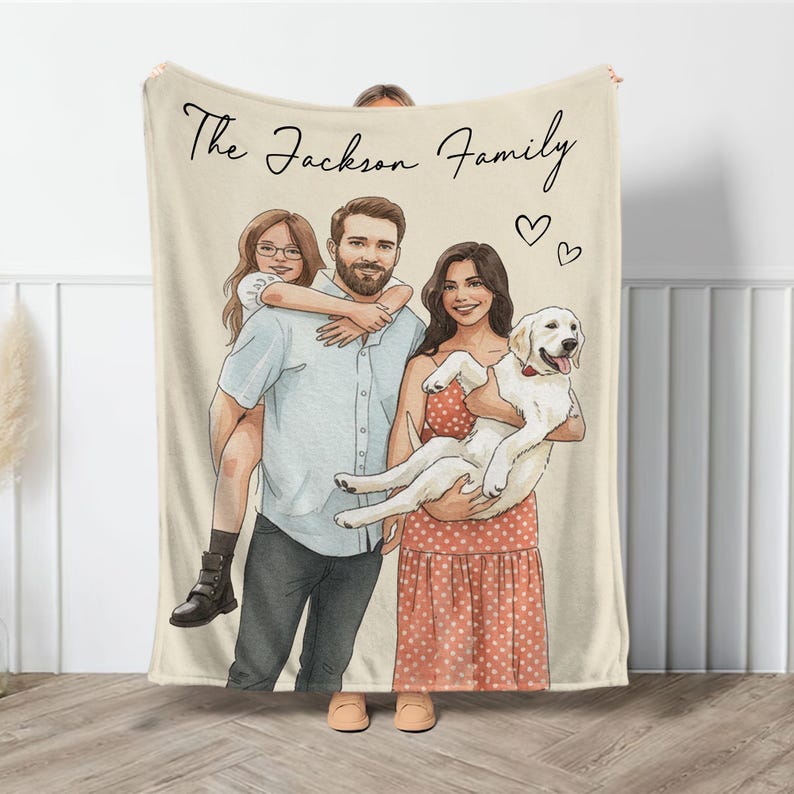 Custom Watercolor Photo Throw Blanket With Text, Family Picture Blanket