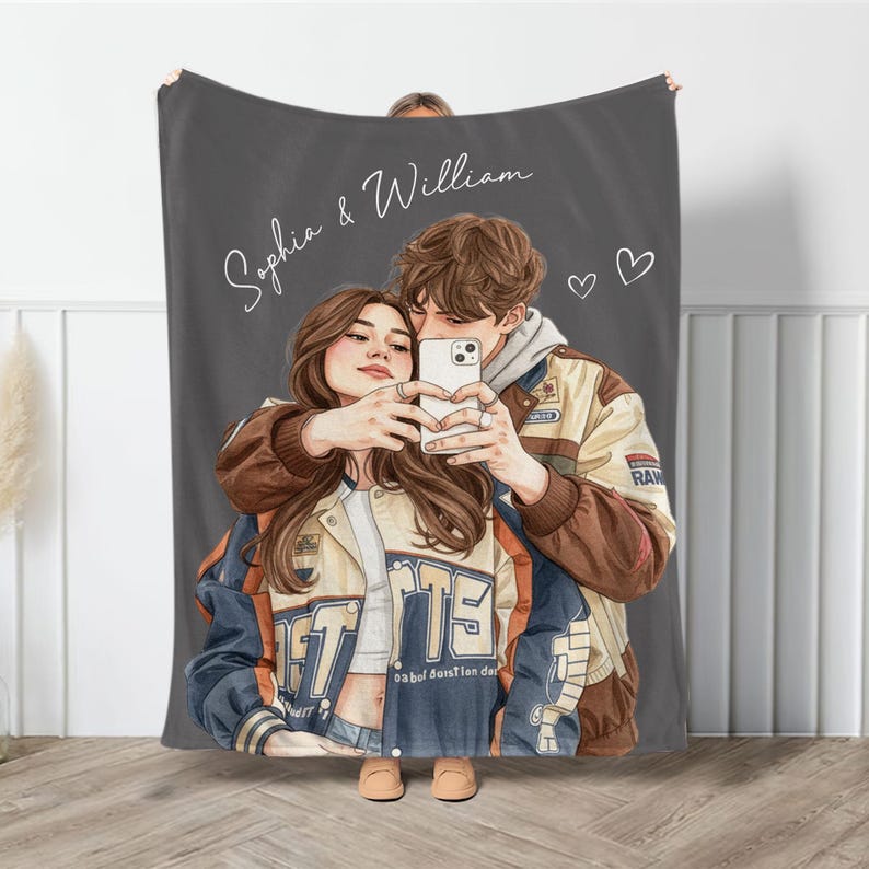 Custom Watercolor Photo Throw Blanket With Text, Family Picture Blanket