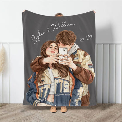 Custom Watercolor Photo Throw Blanket With Text, Family Picture Blanket