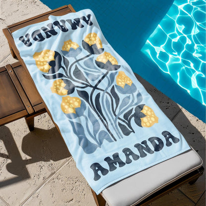 Floral Personalized Beach Towel, Custom Name Towel for Women