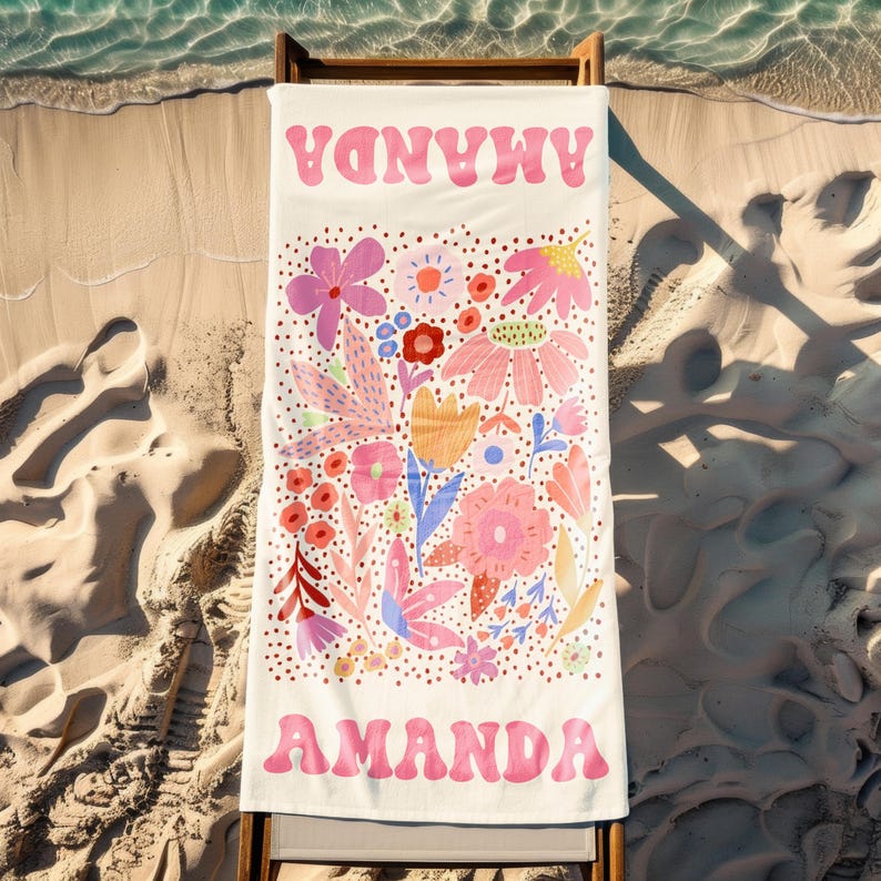 Floral Personalized Beach Towel, Custom Name Towel for Women