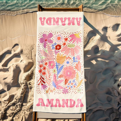 Floral Personalized Beach Towel, Custom Name Towel for Women