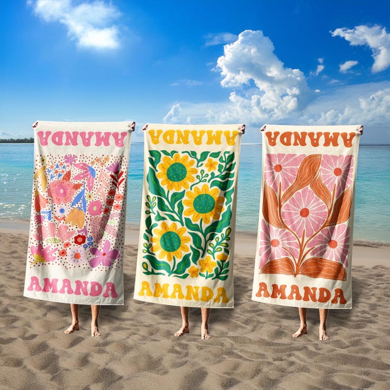 Floral Personalized Beach Towel, Custom Name Towel for Women