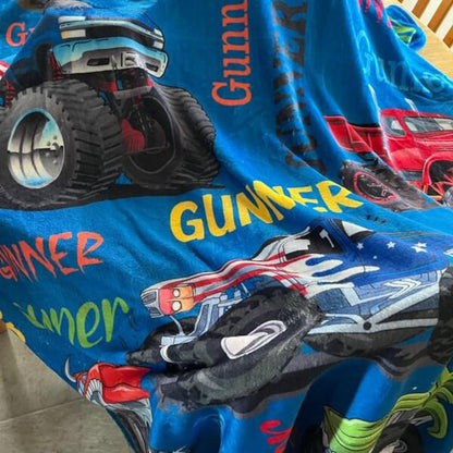 Personalized Monster Truck Kids Blanket - Custom Boys Name Throw