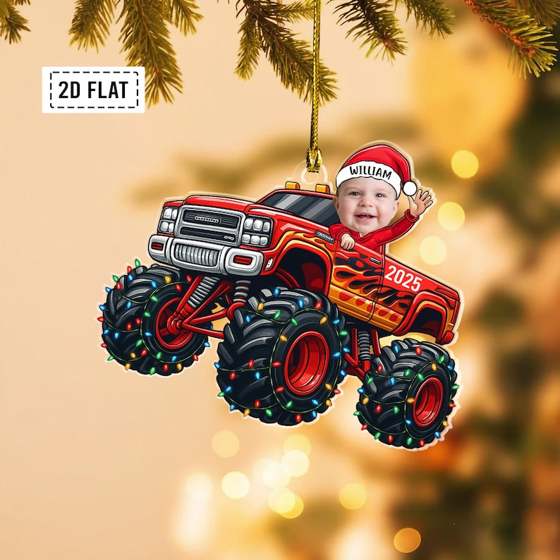 Personalized Baby Monster Truck Photo Flat Acrylic Ornament