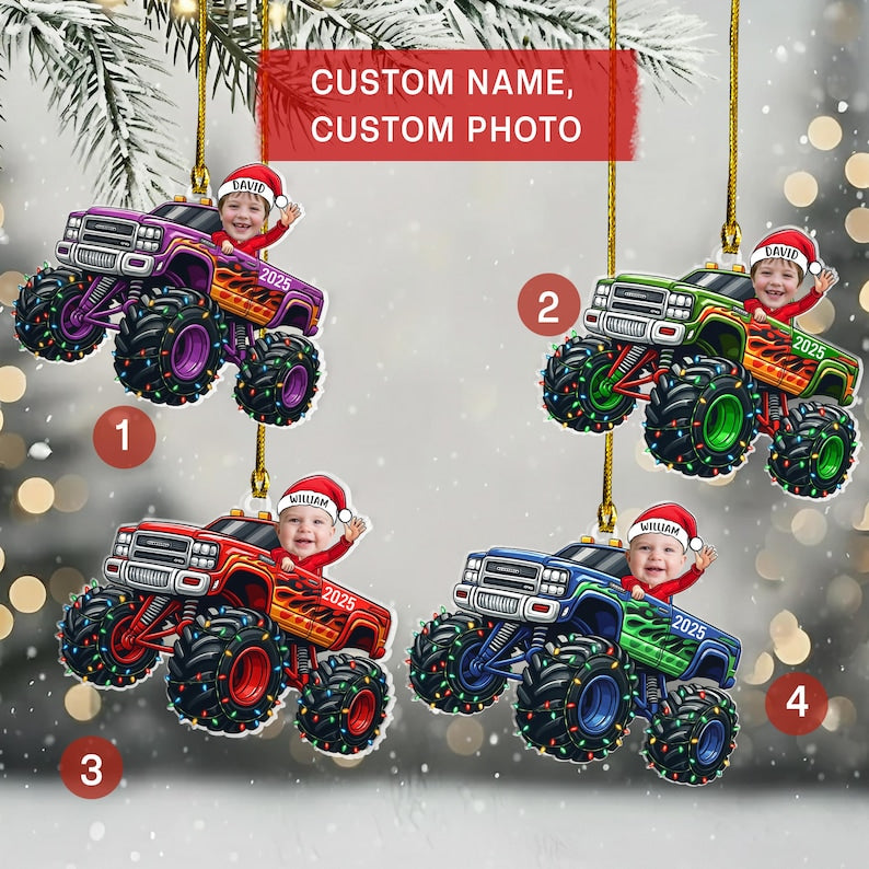 Personalized Baby Monster Truck Photo Flat Acrylic Ornament