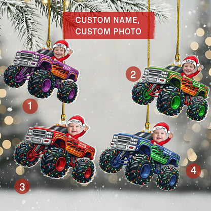Personalized Baby Monster Truck Photo Flat Acrylic Ornament