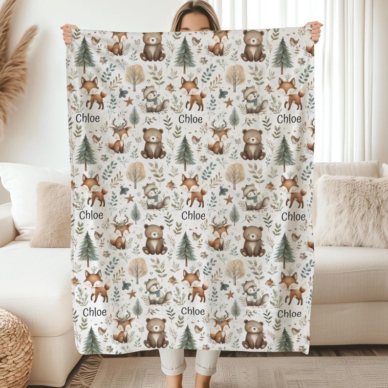 Woodland Animal Blanket Personalized Plush Velveteen Baby Throw for Kids