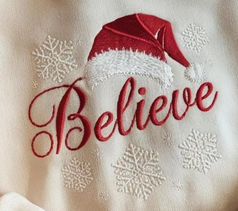 Embroidered Believe Christmas Sweatshirt, Holiday Party Shirt