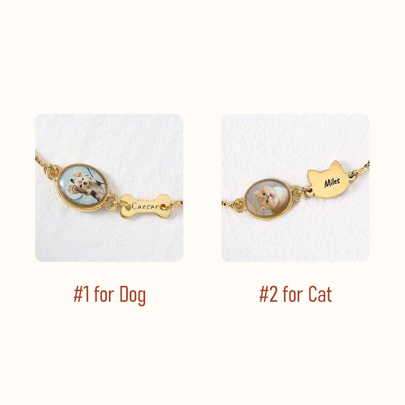 Personalized Pet Photo Bracelet, Custom Name Engraving & Pet Memorial Charm Jewelry