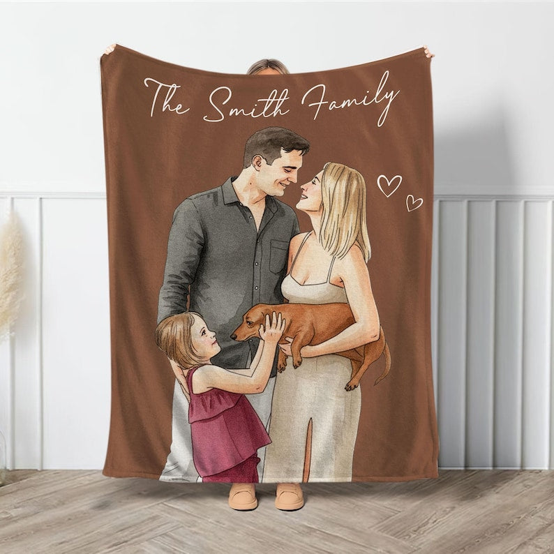 Custom Watercolor Photo Throw Blanket With Text, Family Picture Blanket