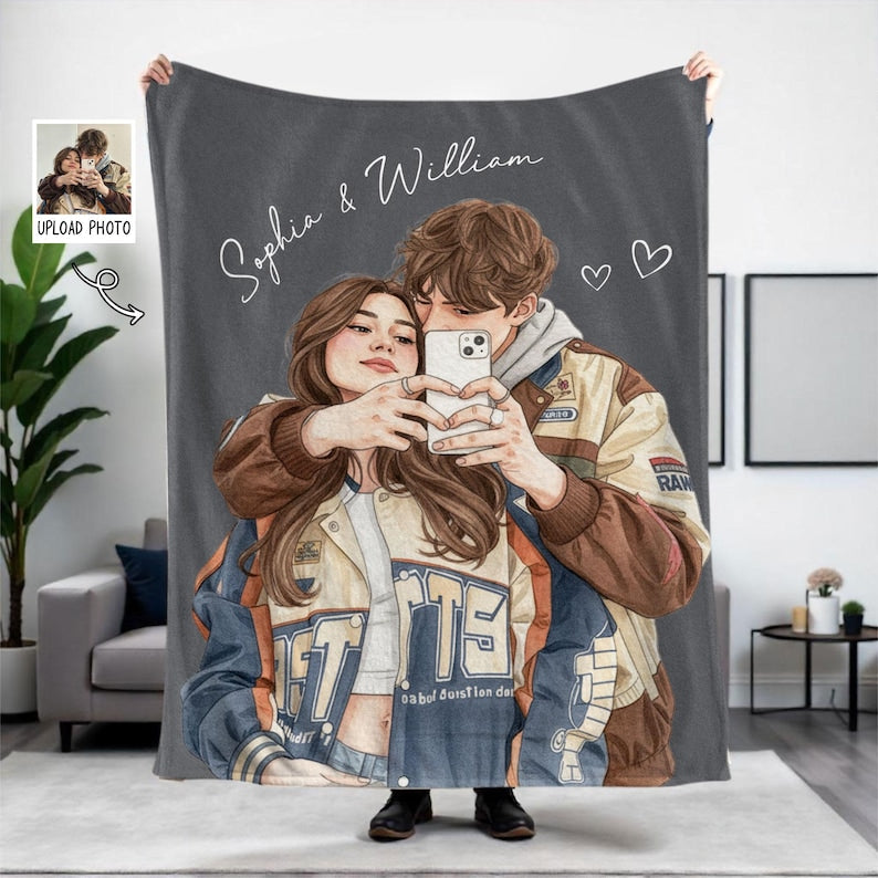 Custom Watercolor Photo Throw Blanket With Text, Family Picture Blanket