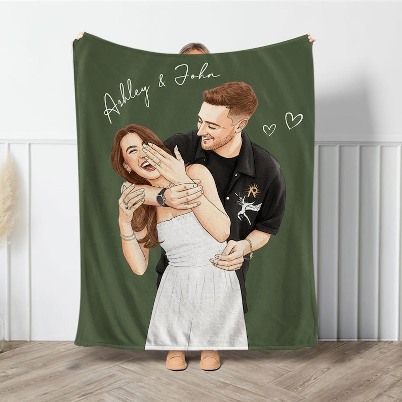 Custom Watercolor Photo Throw Blanket With Text, Family Picture Blanket