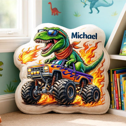 Personalized Dinosaur Driving Monster Truck Pillow