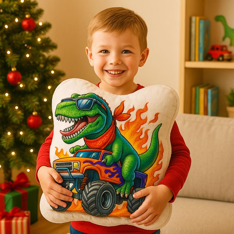 Personalized Dinosaur Driving Monster Truck Pillow