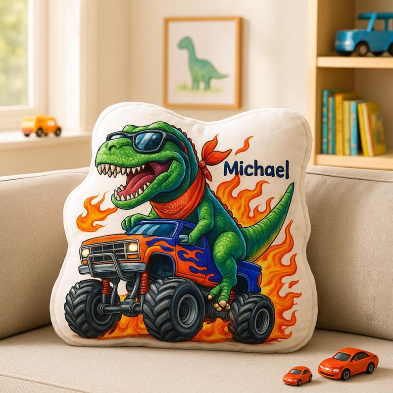 Personalized Dinosaur Driving Monster Truck Pillow