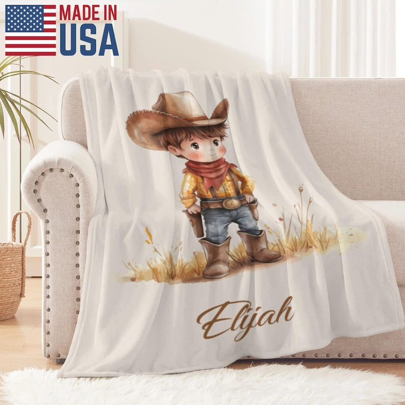 Personalized Cartoon Cowboy Cowgirl Soft Throw Blanket