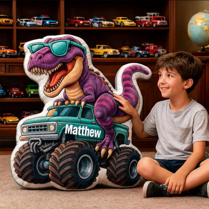 Personalized Dinosaur Driving Monster Truck Pillow