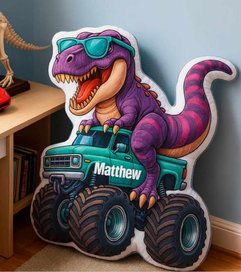 Personalized Dinosaur Driving Monster Truck Pillow