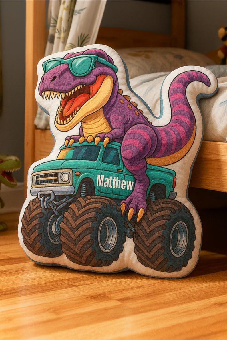 Personalized Dinosaur Driving Monster Truck Pillow