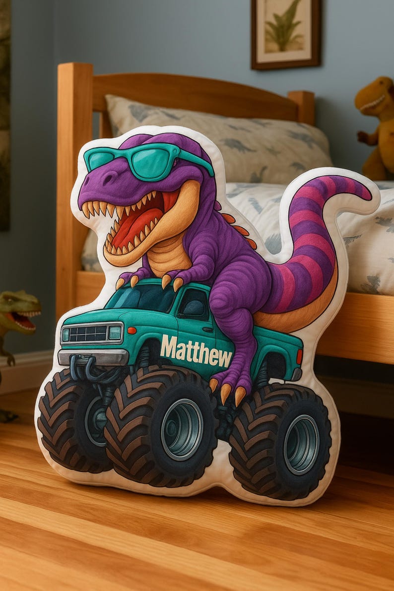 Personalized Dinosaur Driving Monster Truck Pillow