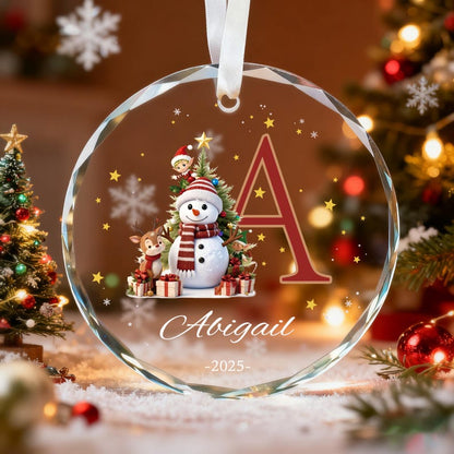 Custom Monogram Name Glass Ornament, Elf Snowman Christmas Ornaments