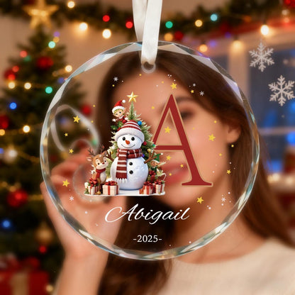 Custom Monogram Name Glass Ornament, Elf Snowman Christmas Ornaments
