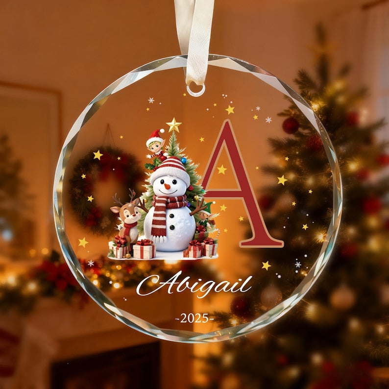 Custom Monogram Name Glass Ornament, Elf Snowman Christmas Ornaments