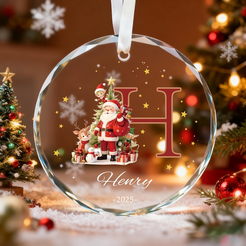 Custom Monogram Name Glass Ornament, Elf Snowman Christmas Ornaments