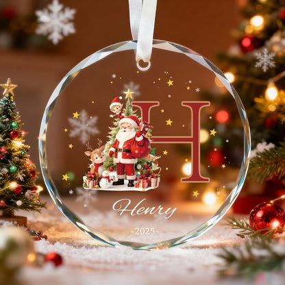 Custom Monogram Name Glass Ornament, Elf Snowman Christmas Ornaments