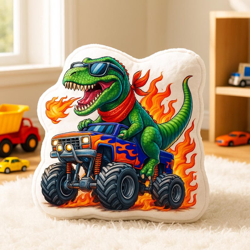 Personalized Dinosaur Driving Monster Truck Pillow