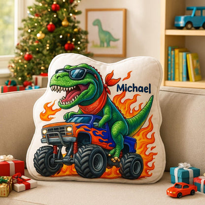 Personalized Dinosaur Driving Monster Truck Pillow